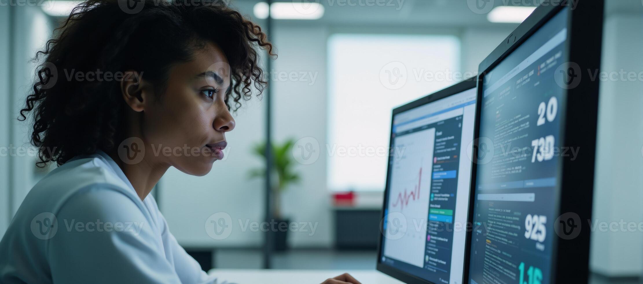 A digital image featuring an African American programmer contemplating data analytics with emphasis on holographic technology coding and cybersecurity photo