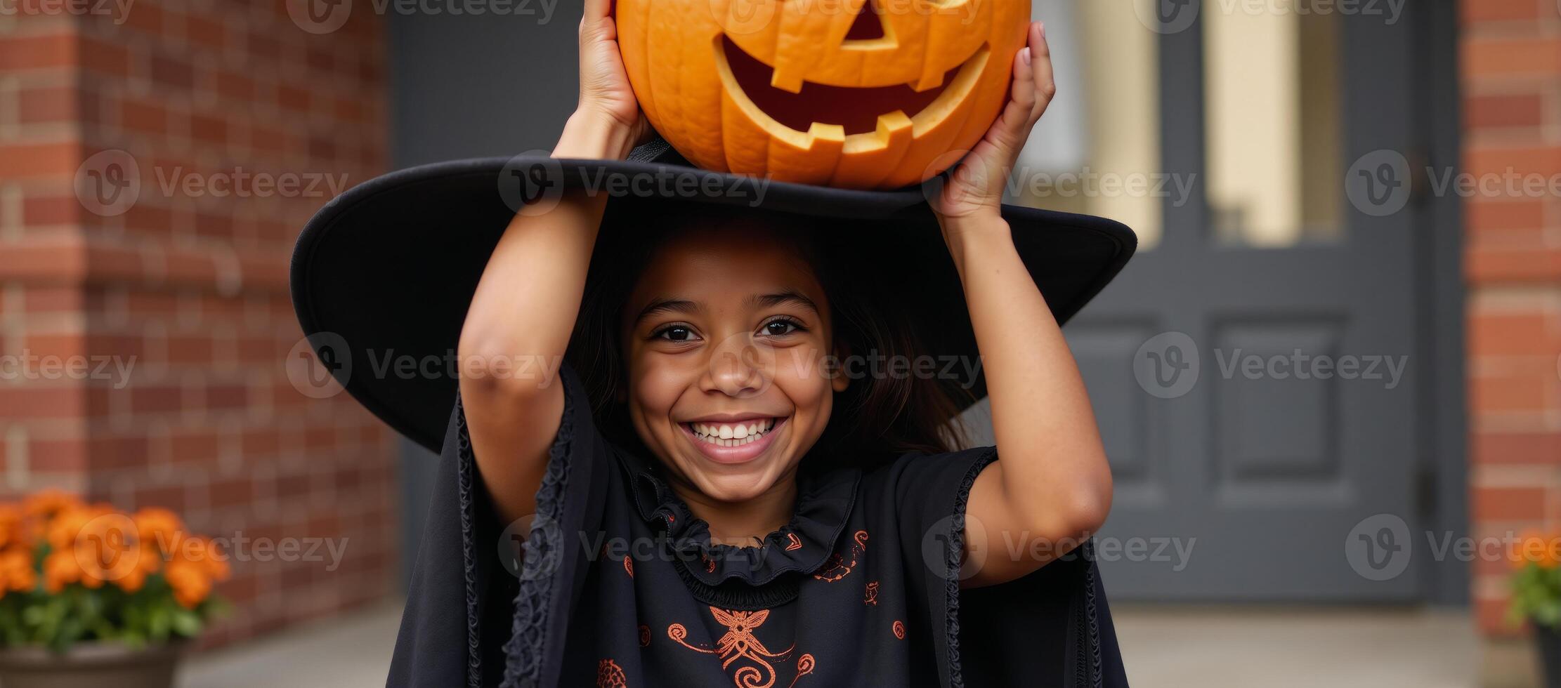 A joyful African American girl donning a Halloween witchs costume holds a pumpkin photo