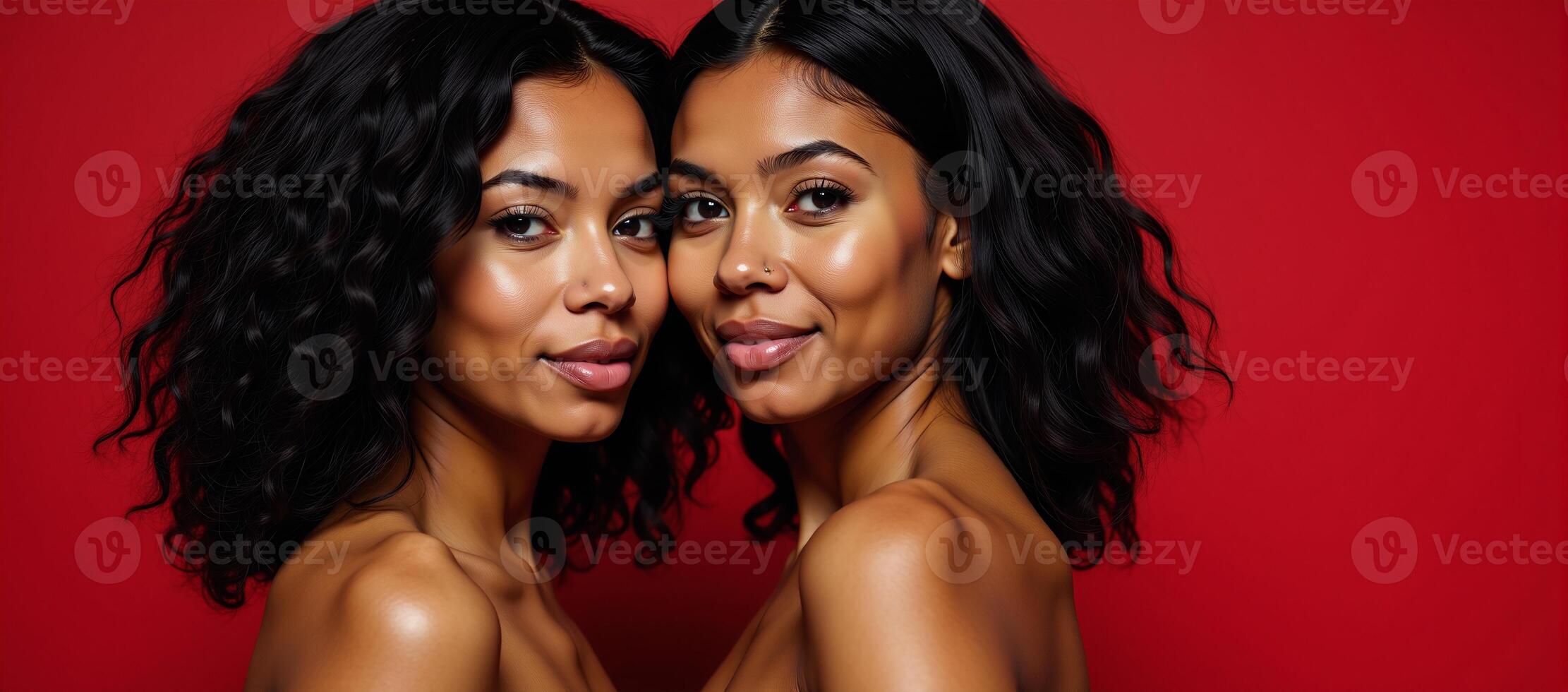 Two AfricanAmerican women both with flowing black waves posed closely on a red backdrop photo