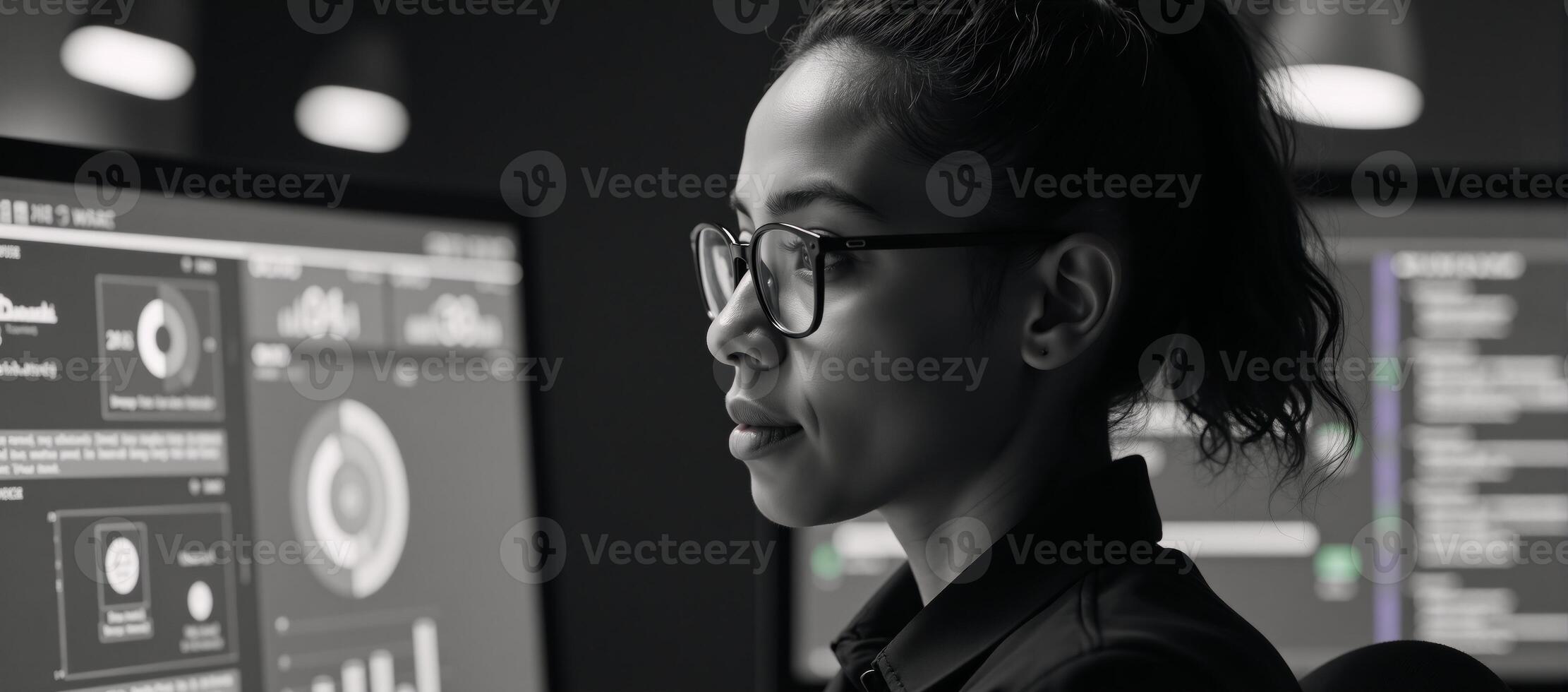 Black female IT specialist examining cyber threats ARAI elements sideprofile view with copy space for text overlay photo