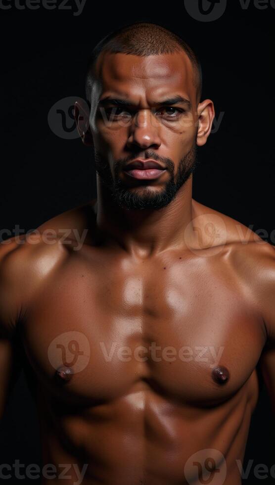 A muscular African American MMA fighter looks intensely into the camera with his head covered sweating against a dark backdrop photo