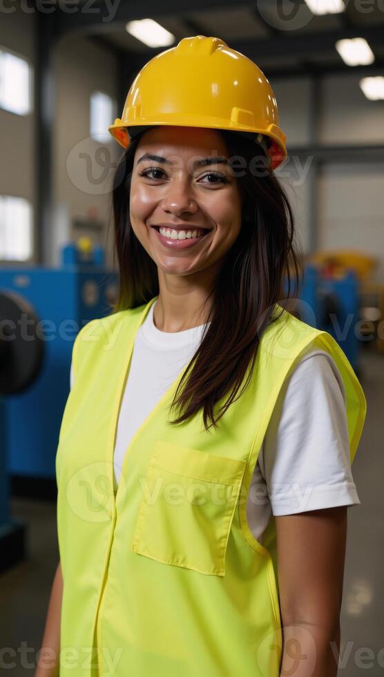Portrait of a cheerful AfricanAmerican woman in factory attire hard hat safety vest at work photo