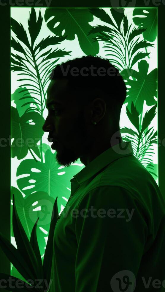 AfricanAmerican man profile with tropical plants in papercut style showcasing an interplay between human and nature rendered primarily in shades of green photo