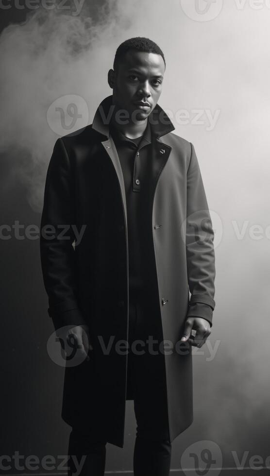 A noir detective emerges from foggy shadows clad in a long trench coat with an air of mystery as an African American protagonist photo