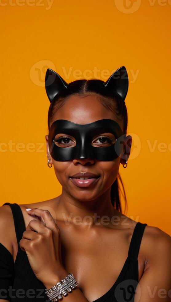 A Halloweenthemed carnival portrait featuring an African American woman dressed as a black cat in a mask and matching bracelet against an orange backdrop complete with extra space for creative photo