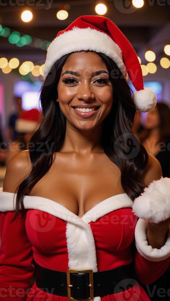 A smiling attractive Black woman wearing Santa Claus attire poses amidst a festive Christmas scene during a joyous New Years celebration leaving ample room for text overlays or additional elements photo