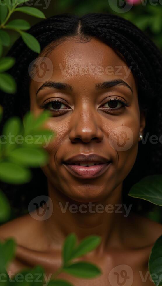 Serene African American woman amidst lush foliage conveying inner peace and natures embrace photo