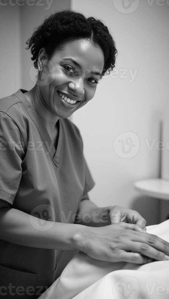 AfricanAmerican nurse in scrubs checking patient vitals with compassionate smile photo