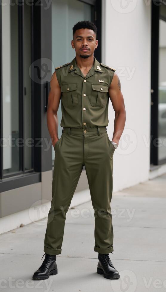 Modern minimalist blackandwhite photograph features a young man in uniform and hands in his pockets against a blurred urban backdrop of a sleek modern building photo