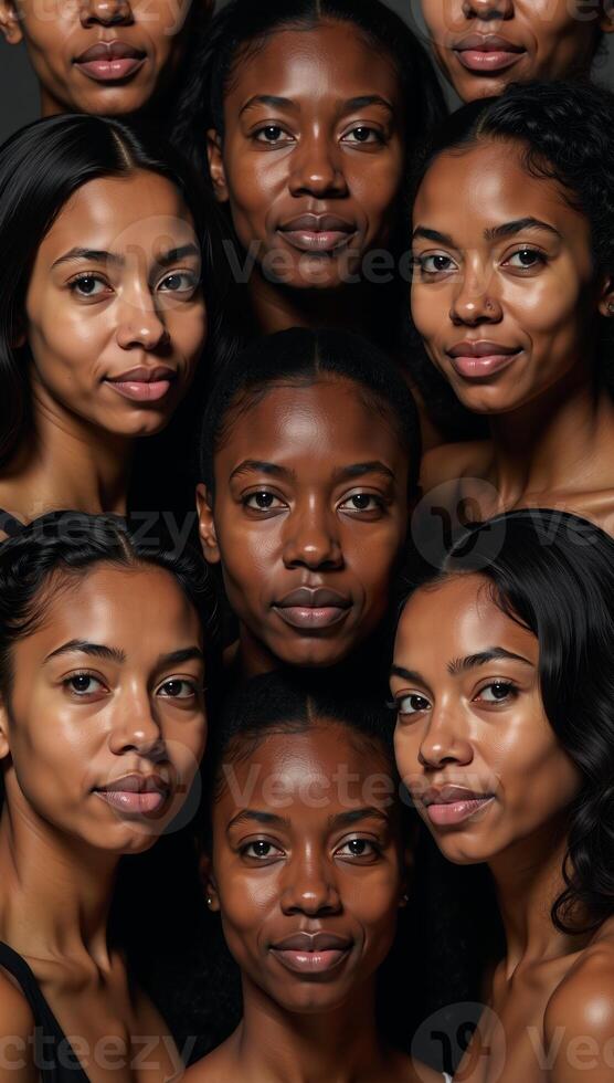 Seamlessly rendered portraits showcasing diverse facial features of African American women photo