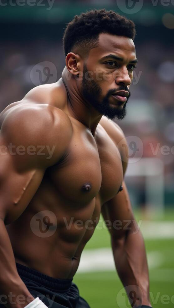 Digital portrait showcasing an African American male football player against a backdrop photo