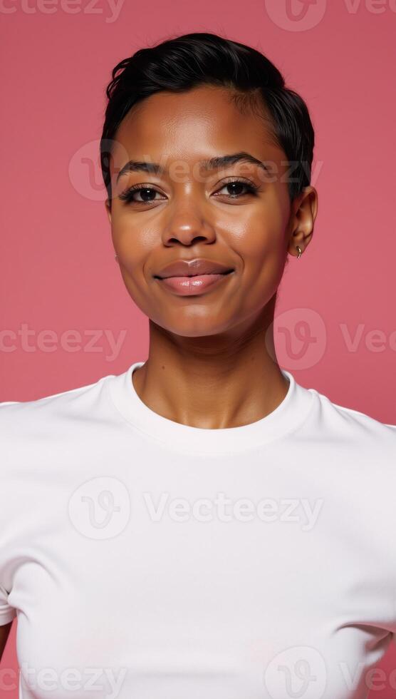 Young African American woman with short hair exuding serenity and confidence flawless skin on trendy pink backgroundideal for beauty advertisements Makeup Copy Space photo