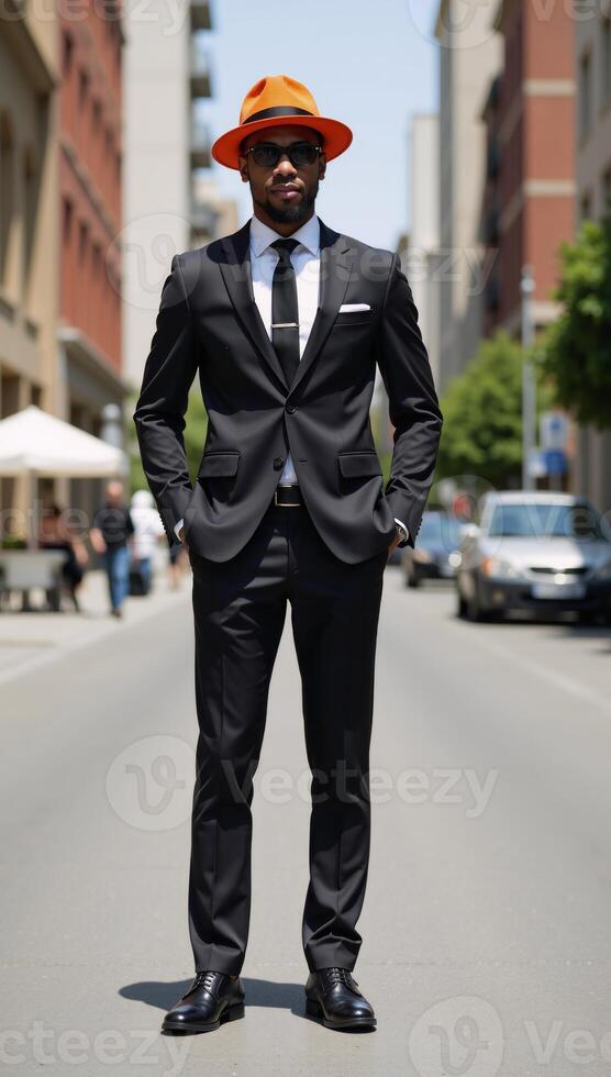 Stylish Black Businessman enjoys summer sun outside an urban setting exuding effortless coolness with accessories like a hat sunglasses and tie photo