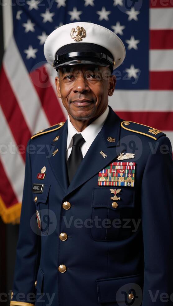 An elderly African American veteran honors Veterans Day before a majestic U photo