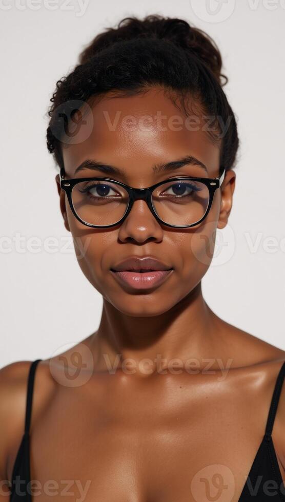 A young African American woman with glasses poses relaxed yet serious in simple portrait photo