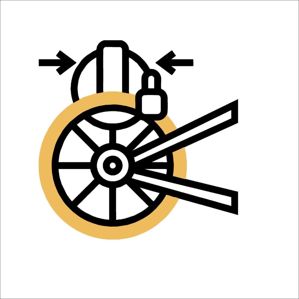 A black and yellow icon of a wheel with a wrench on it vector