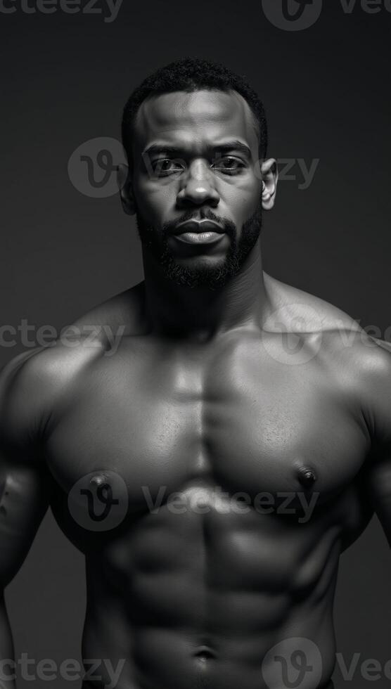 A powerful Black athlete muscular and athletic depicted as an African American bodybuilder with strong features in a waistlength torso portrait photo