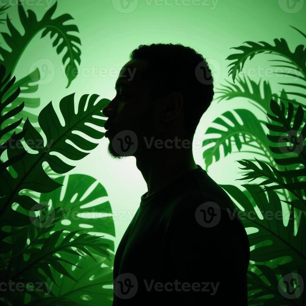 AfricanAmerican man profile with tropical plants in papercut style showcasing an interplay between human and nature rendered primarily in shades of green photo
