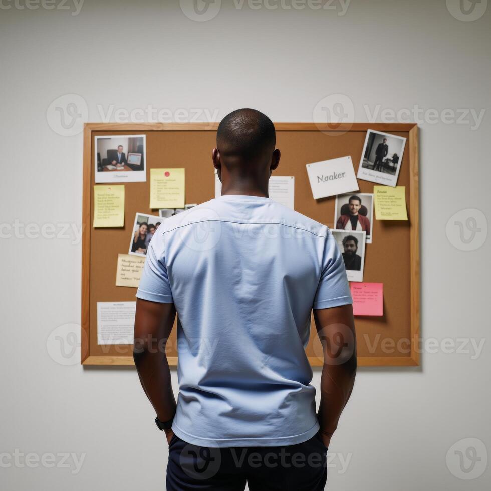 An AfricanAmerican man is depicted from behind as he stands before a cluttered corkboard filled with notes photo