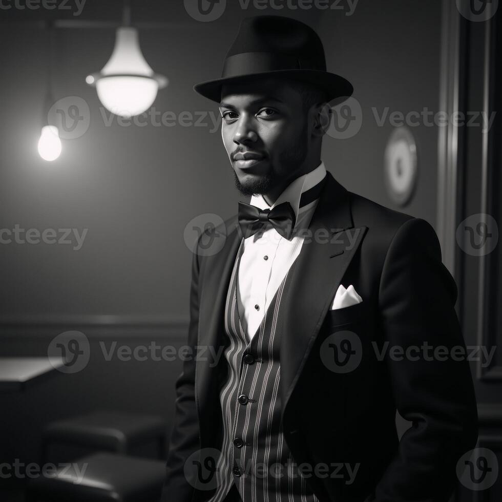 A sepiatoned portrait of a stylish 1920s African American man in dapper attire set against the backdrop of a smoky speakeasy with vintage charm photo
