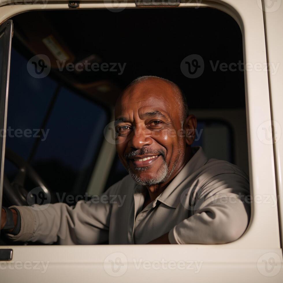 Closeup portrait of an aging African American trucker smiling warmly within his nighttime cabin photo