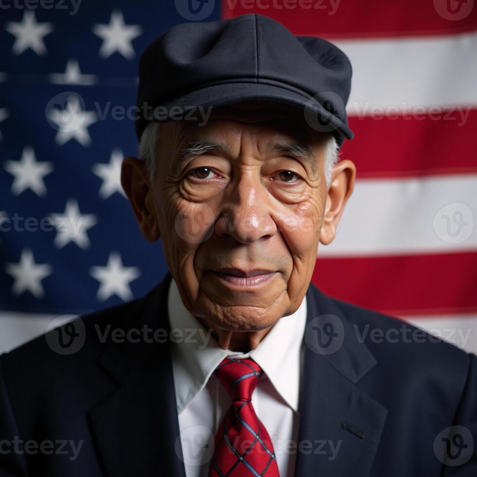 Portrait of an elderly AfricanAmerican man in a cap against an American Flag backdrop photo