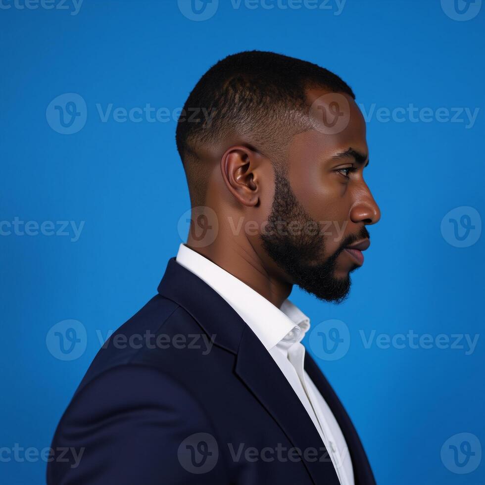 Human side view profile portrait of serious African American man against blue studio background photo