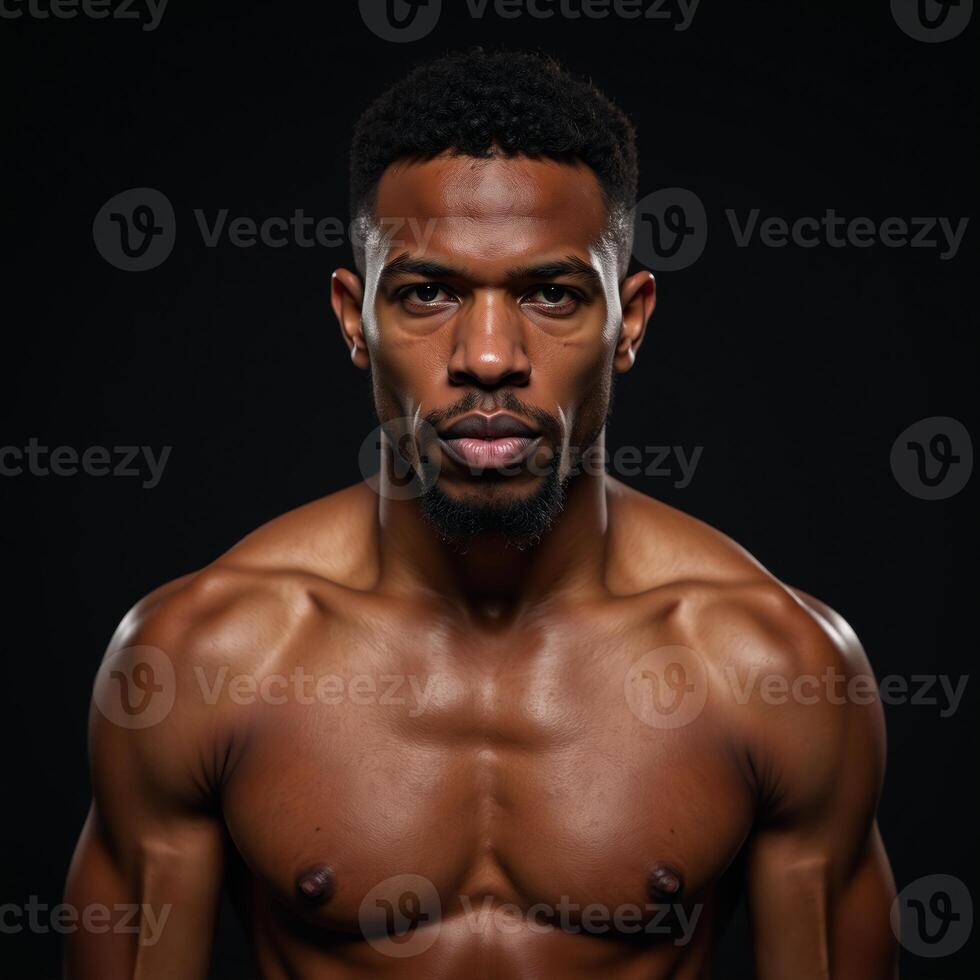 A muscular African American MMA fighter looks intensely into the camera with his head covered sweating against a dark backdrop photo