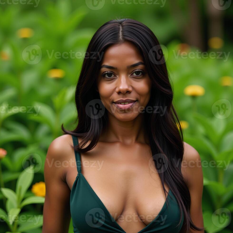 A photorealistic depiction of an African American individual against a backdrop of nature showcasing the subjects mature features and natural environment setting photo