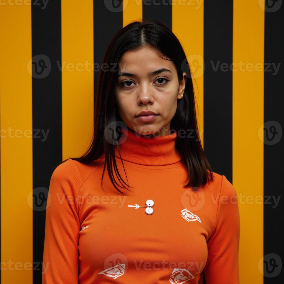 A serious AfricanAmerican female model poses in an orange turtleneck with geometric ornaments against a striped backdrop photo