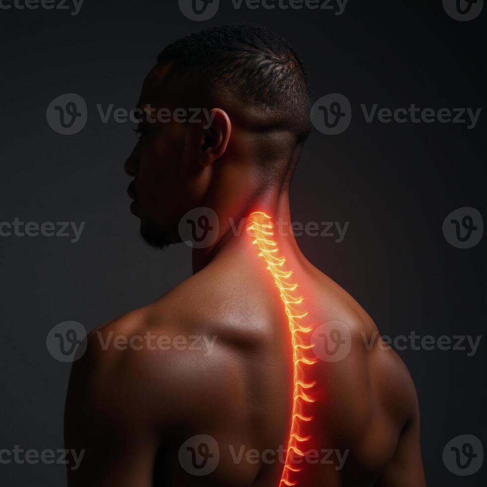 An AfricanAmerican man depicted with prominently displayed spine and radiating lines of visible pain photo