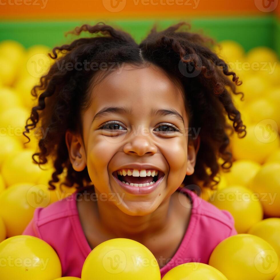 A joyful African American girl is captured laughing while playfully submerged in a vibrant yellow ball pit photo