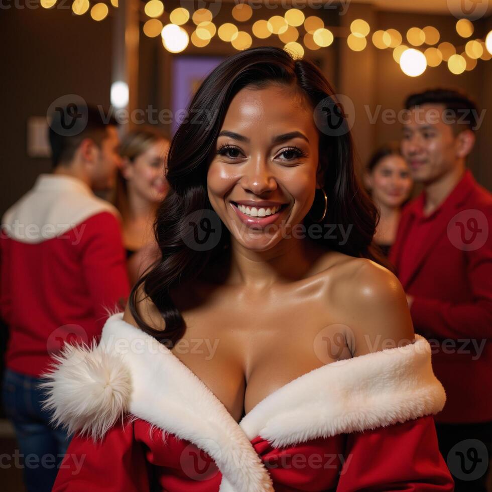 A smiling attractive Black woman wearing Santa Claus attire poses amidst a festive Christmas scene during a joyous New Years celebration leaving ample room for text overlays or additional elements photo