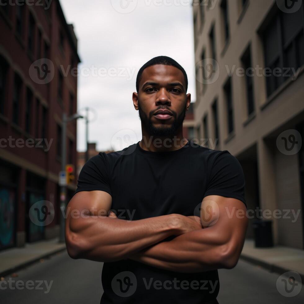 A confident African American man stands boldly against an urban backdrop under dramatic lighting with a powerful pose in a black TShirt photo
