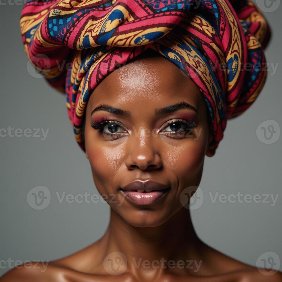 A vibrant portrait showcases an AfricanAmerican woman with bold headwrap and expressive style photo