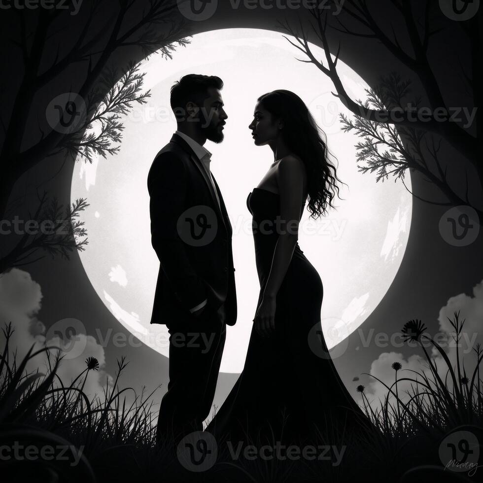 Dark fantasythemed rendering depicting an African American couple in black and white attire photo