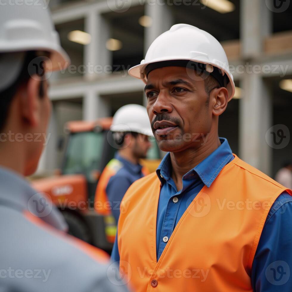 Middleaged African American construction worker engaged in discussion with colleagues while wearing safety gear and surrounded by active work site photo