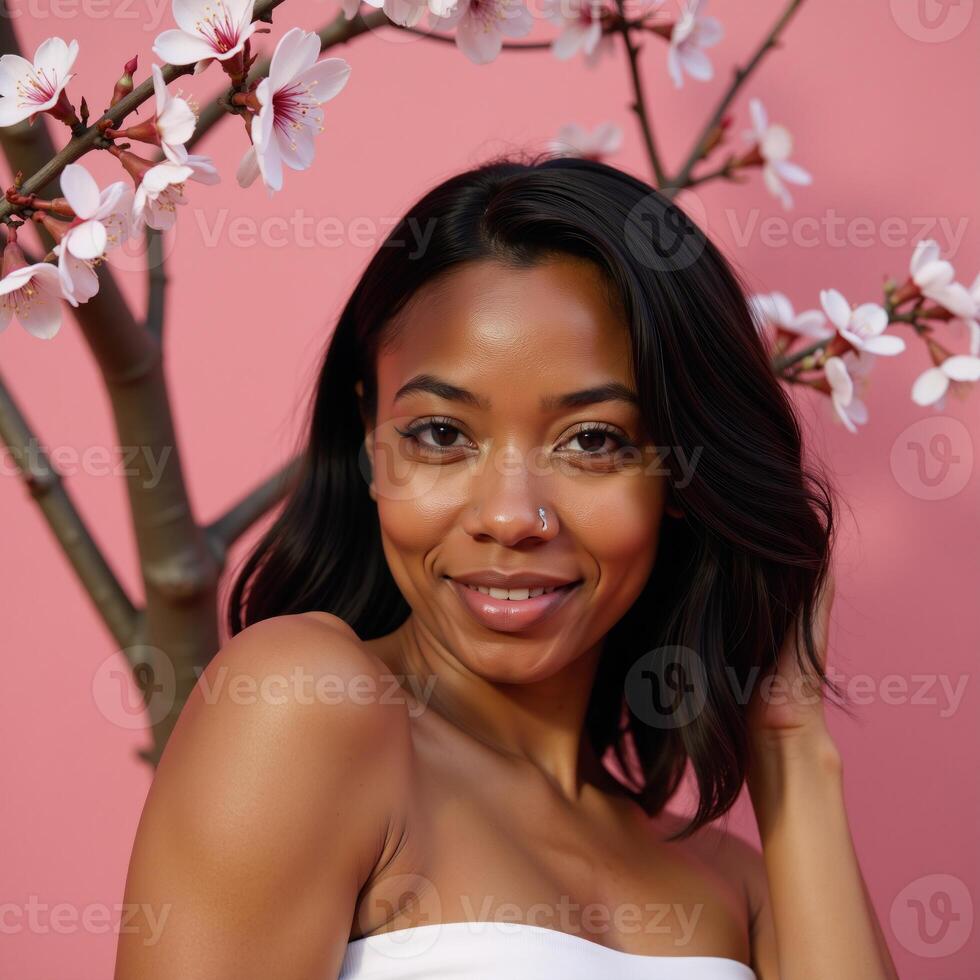 A beautiful Black woman adorns a vibrant spring setting beneath a blooming tree in a promotional portrait for skincare products highlighting her glowing hydrated skin photo