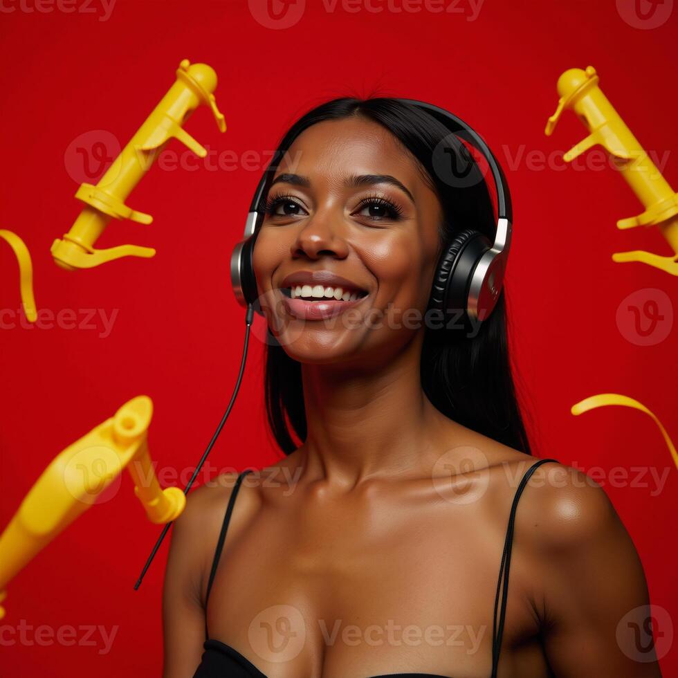An attractive African American woman listens to music against a red backdrop adorned with yellow abstract elements photo