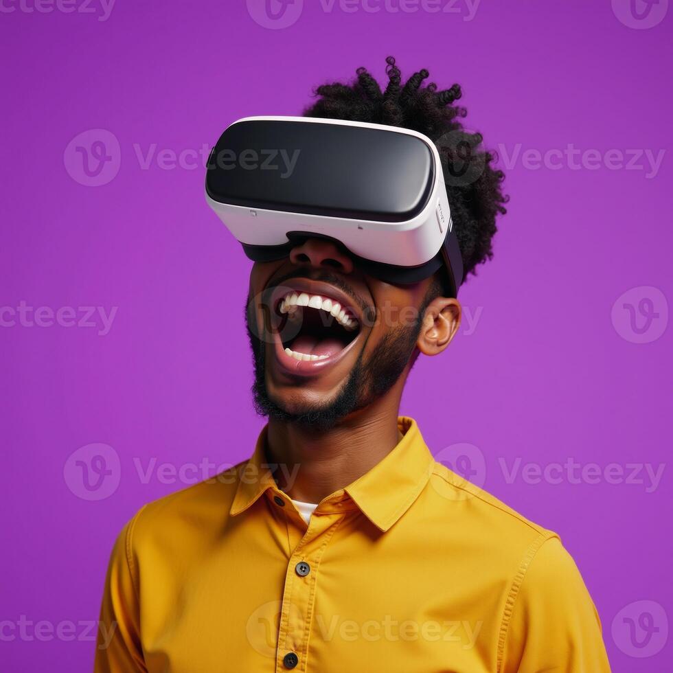 Excited AfricanAmerican cartoon character with open mouth and VR goggles against vibrant purple backdrop photo