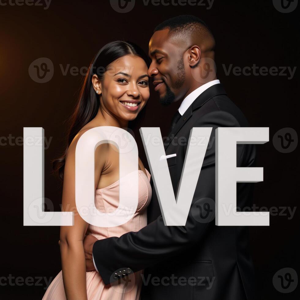 African American couple embracing with LOVE displayed graphically photo