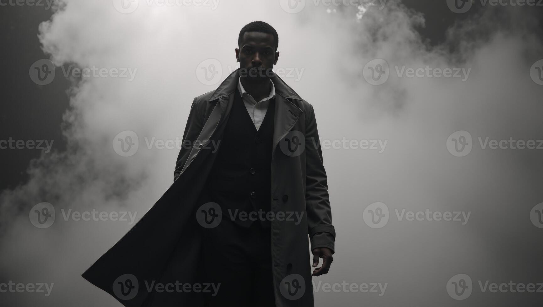 A noir detective emerges from foggy shadows clad in a long trench coat with an air of mystery as an African American protagonist photo