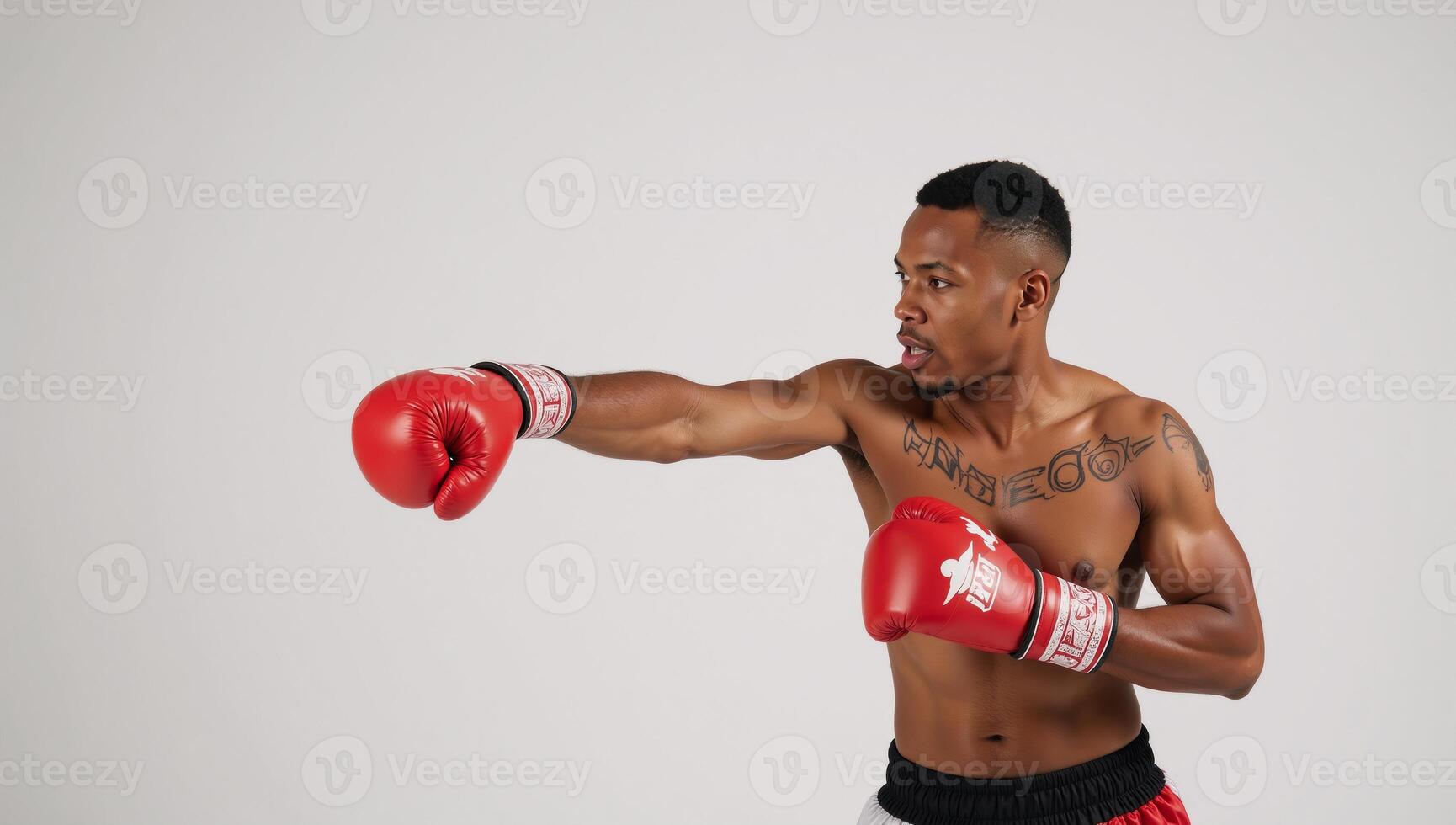 A powerful AfricanAmerican boxer with a painted body throws a punch using red boxing gloves photo