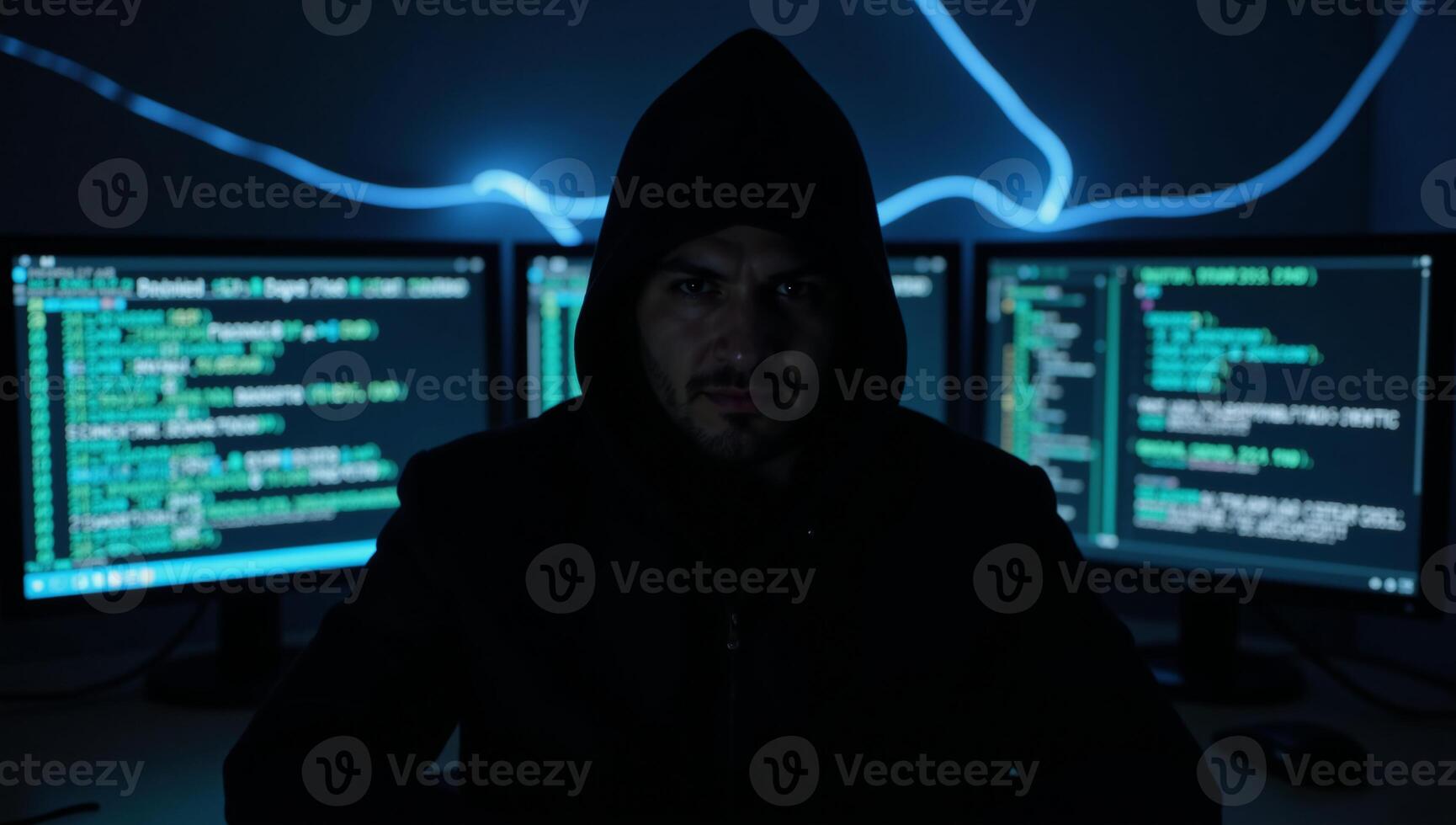 Anonymous hacker embodied as mysterious figure amidst dark web themes on ominous digital backdrop eliciting feelings of intrigue and warning photo