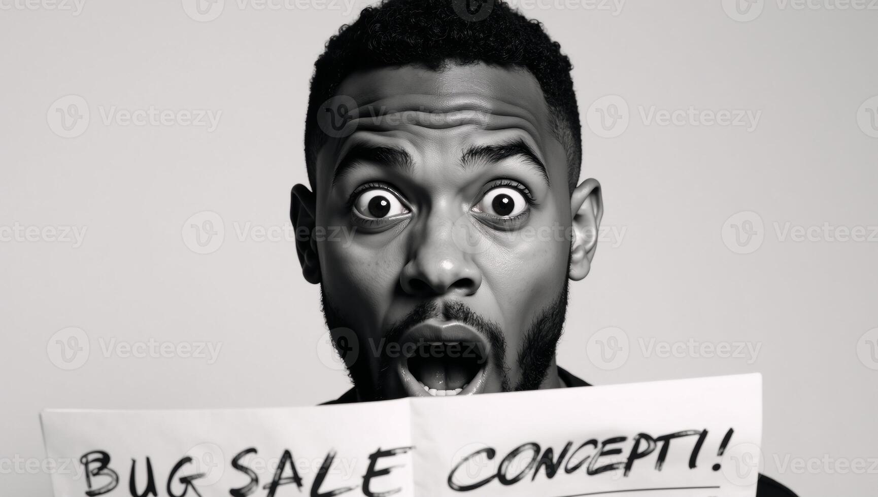 Pop Art Retro Comic Style depicts an AfricanAmerican man with a shocked and surprised expression upon learning about unbelievable news or big sales photo