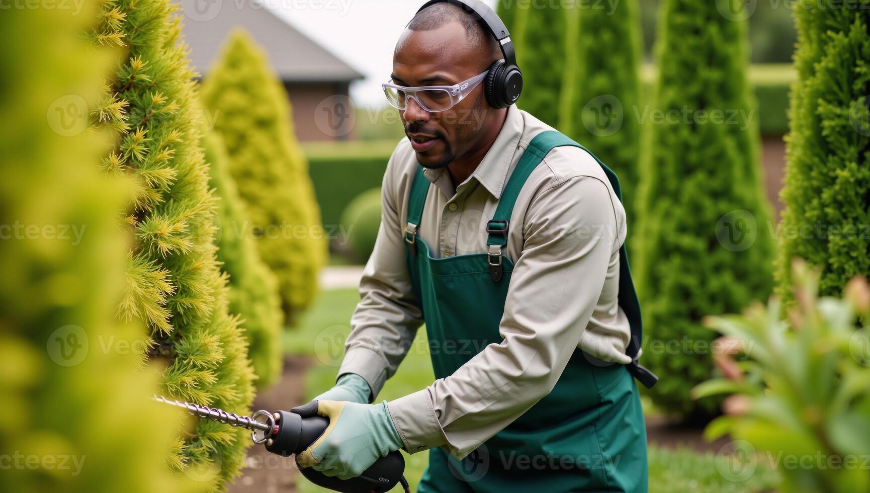 AfricanAmerican gardener in uniform works on pruning bushes using an electric tool photo