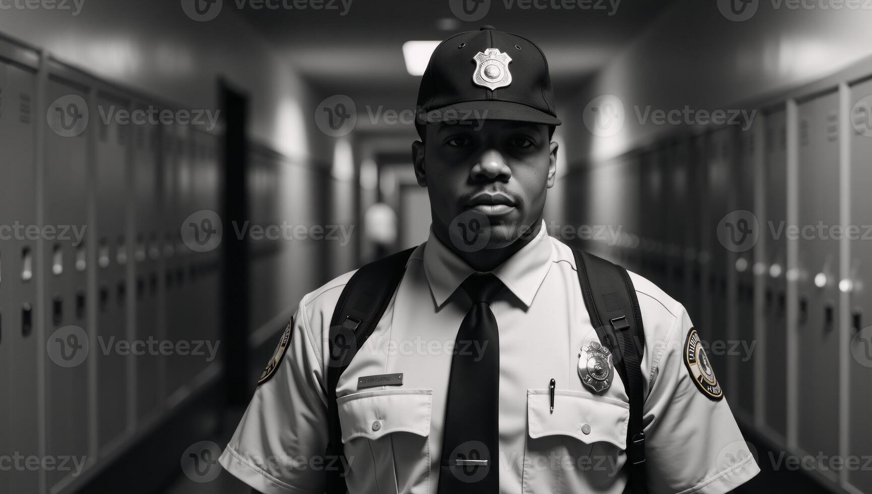 African American Security Guard with professional demeanor alert gaze and protective posture patrols a school hall conveying a sense of safety and vigilance photo