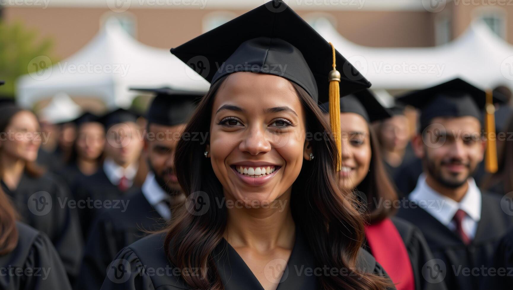 A smiling graduate in a cap and gown with fellow classmates at a commencement ceremony photo