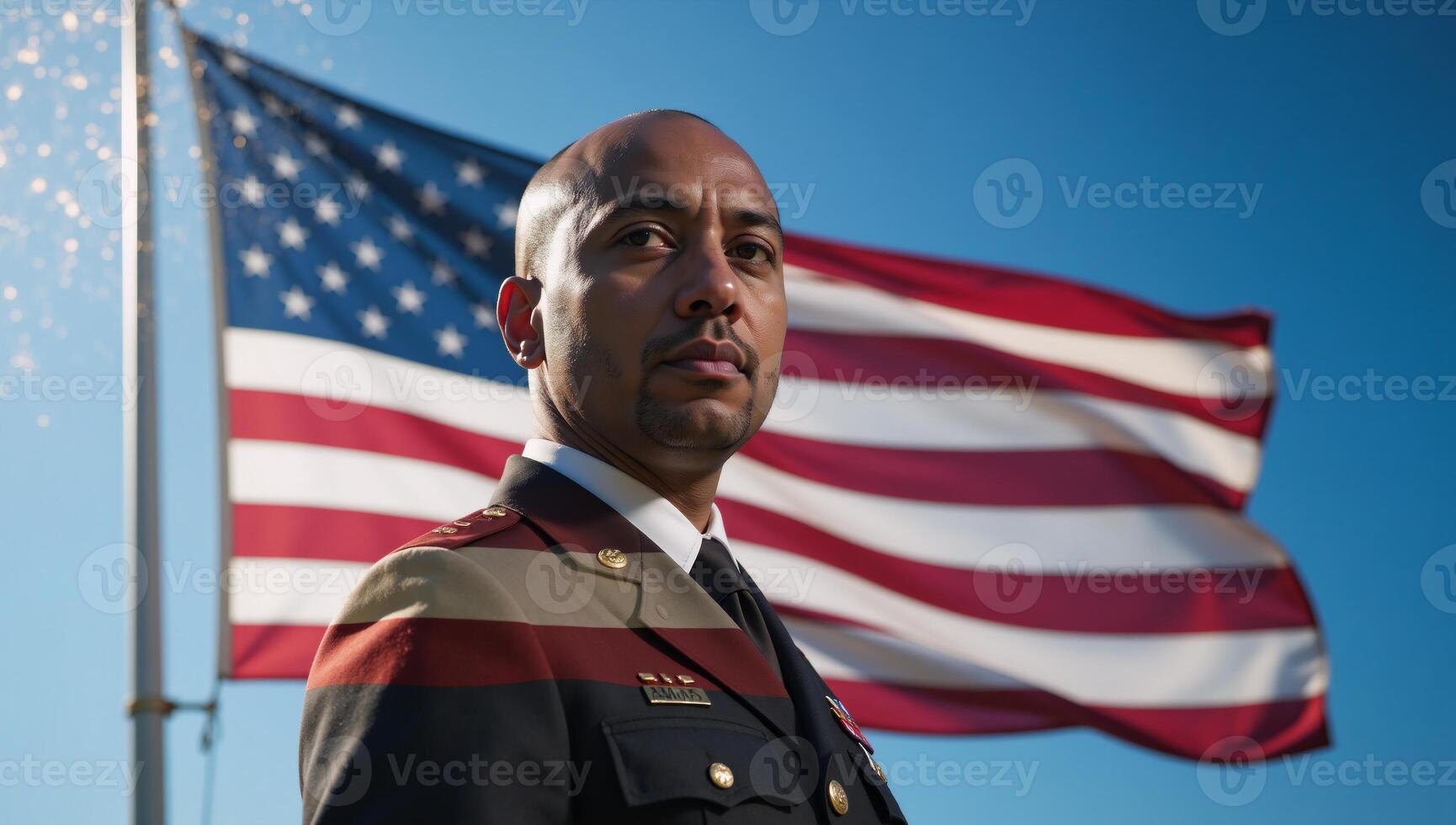 An AfricanAmerican veteran salutes before an American flag in a memorial setting evoking patriotism on Independence Day photo