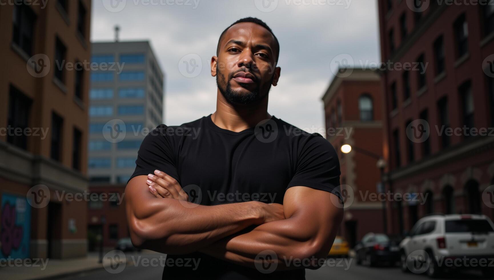 A confident African American man stands boldly against an urban backdrop under dramatic lighting with a powerful pose in a black TShirt photo
